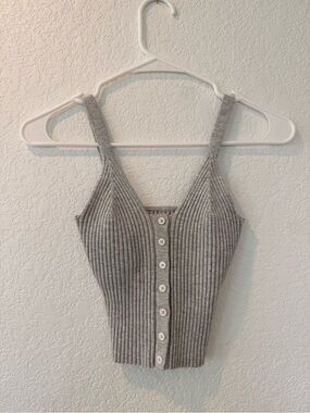 Revi Ribbed Knit Tank Top Button Front Cropped Cami BOHO Minimal Gray XS